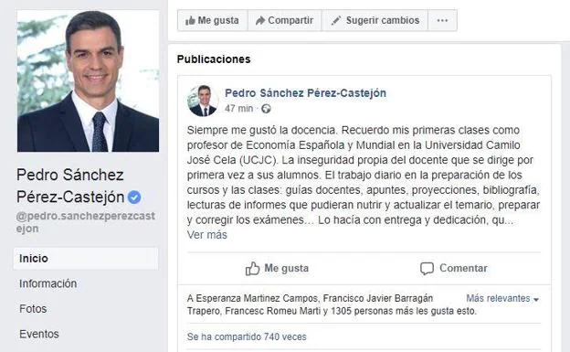 Captura de pantalla del Facebook oficial de Pedro Sáncehz.
