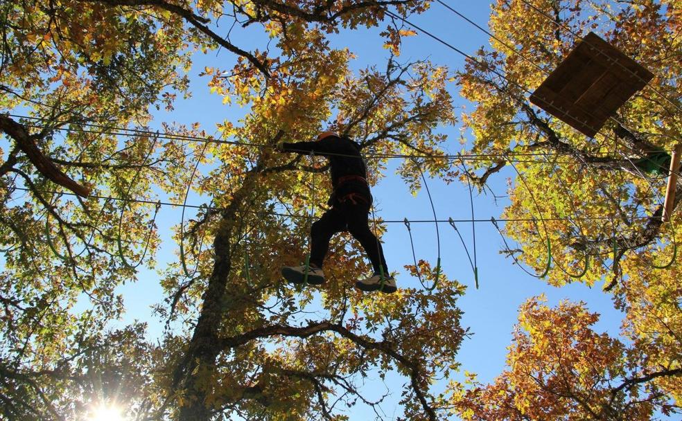 Un joven recorre una de las zonas de multiaventura en la localidad leonesa de Almanza.