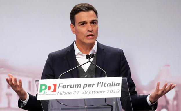 El predicente del Gobierno español, Pedro Sánchez durante su intervención en el Forum per l'Italia, celebrado en Milán.