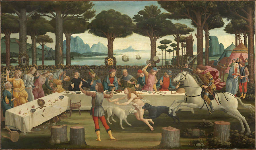 Escenas de La historia de Nastagio degli Onesti, de Sandro Botticelli. Técnica mixta sobre tabla, 83,5 x 142,5 cm.; con marco: 145 x 185 x 15,5 cm. 1483, Madrid.
