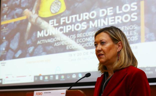 La consejera de Economía y Hacienda, Pilar del Olmo, durante la inauguración del foro internacional 'El futuro de los municipios mineros'.