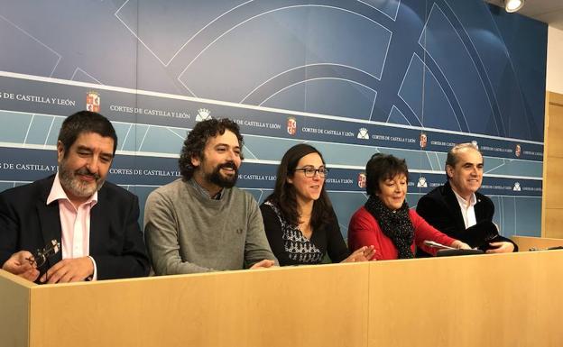 De izquierda a derecha, Manuel Mitadiel (Ciudadanos), José Sarrión (Izquierda Unida), Laura Domínguez (Podemos), Mercedes Martín (PSOE) y Luis Briones (PSOE) antes de la rueda de prensa conjunta para presentar los resultados de la comisión de investigación sobre el HUBU.