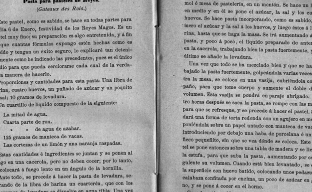 Receta para roscón de Reyes de 'El arte culinario', Adolfo Solichon, 1901.