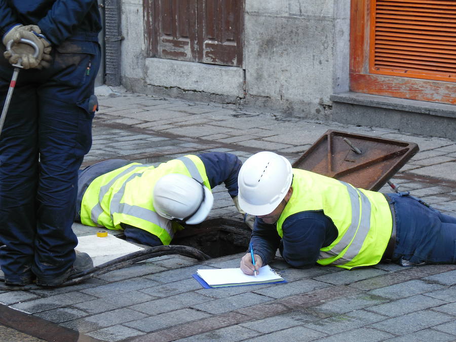 Técnicos de la compañia Iberdrola han procedido este jueves a la revisión de la instalación eléctrica de la calle Cardiles del casco histórico de la capita después de que un perro resultara electocutado