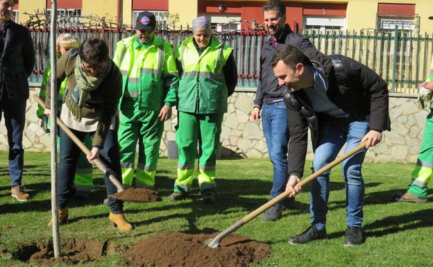 La alcaldesa, el candidato al Congresos y Luis Tudanca plantan un árbol en San Andrés.