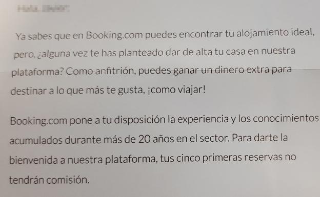 Imagen de la carta remitida por Booking a un usuario de su plataforma en León.