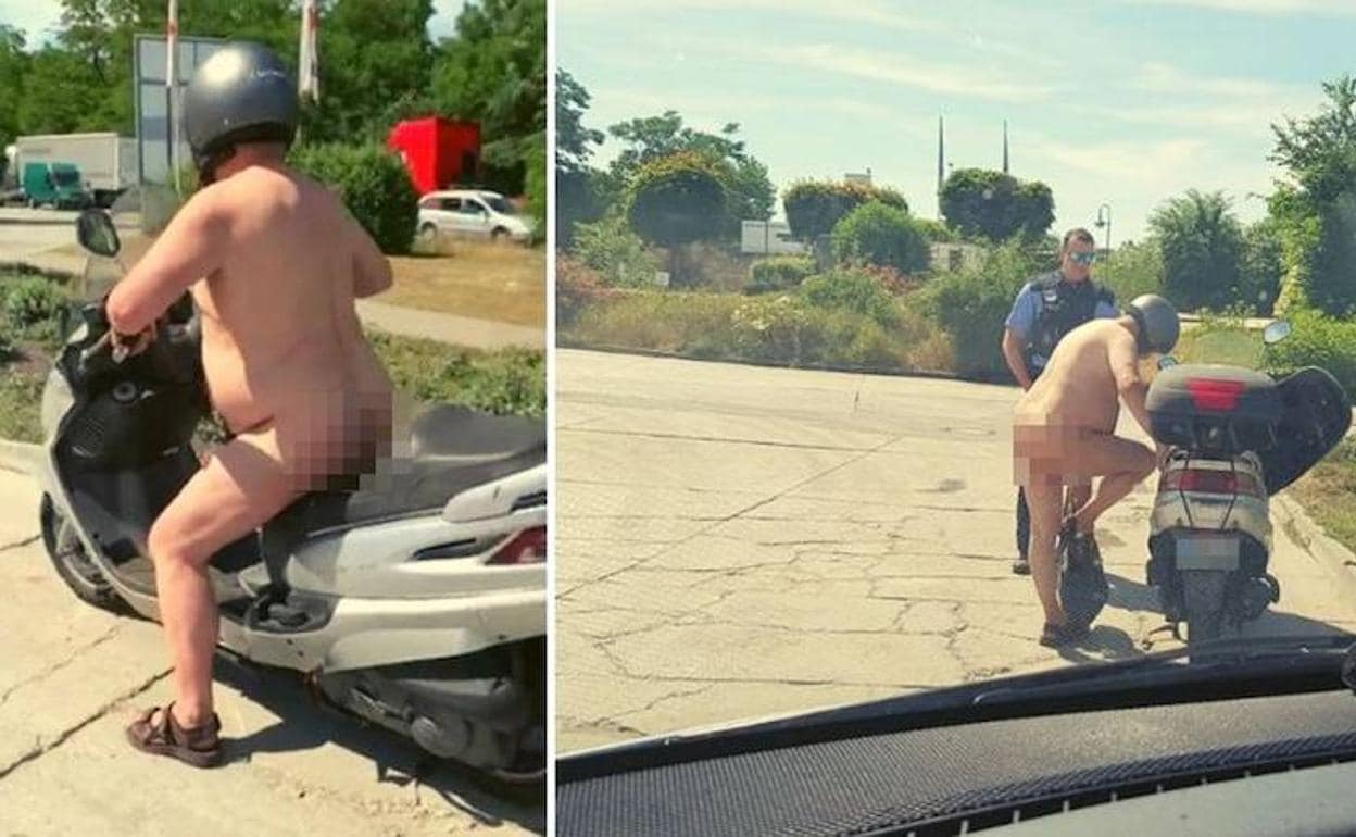 Imágenes del hombre desnudo en moto.