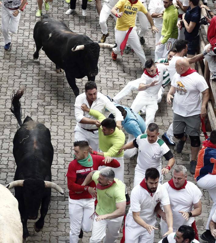 Fotos: Segundo encierro de San Fermín muy veloz y limpio de los toros de Cebada Gago