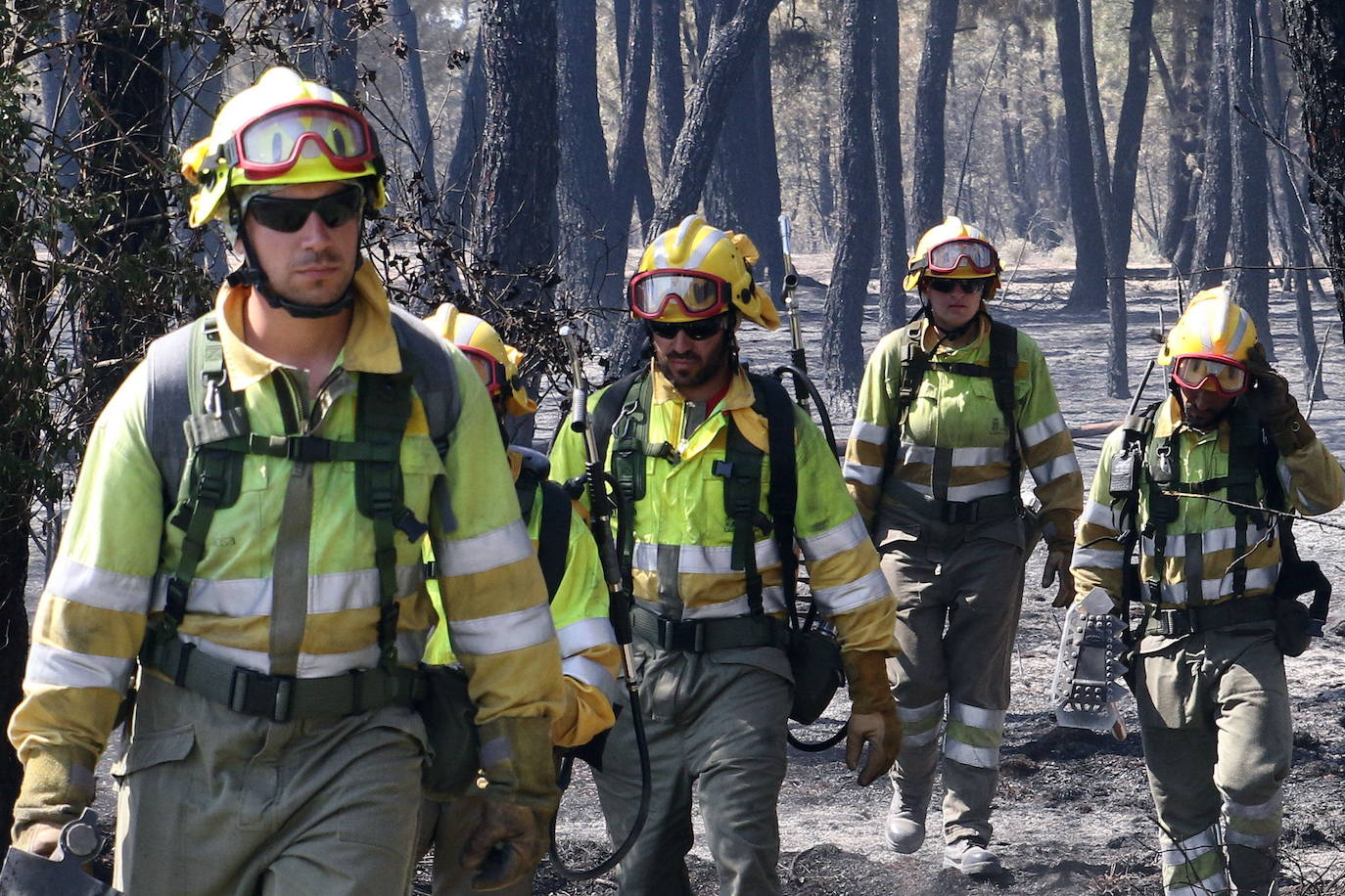 Un grupo de bomberos regresa de actuar en un punto caliente del incendio en un pinar de la zona.