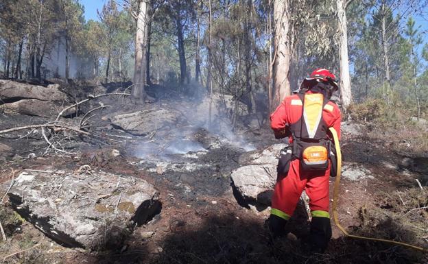 Imagen principal - Efectivos de la UME trabajando en una de las zonas de incendio.