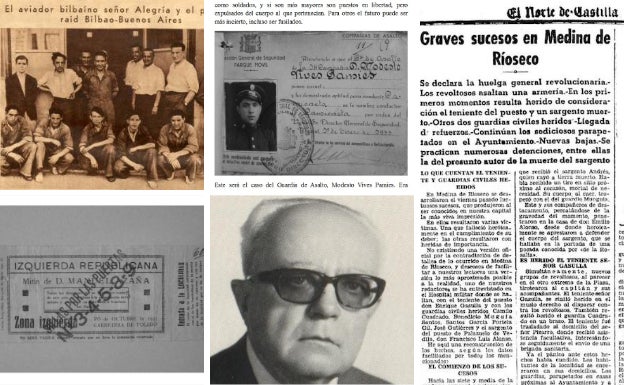 De arriba a abajo y de izquierda a derecha, Julio Alegría, durante su anuncio de voar la Argentina. Entrada a un acto de Izquierda Republicana, Ficha de Modesto Vives. El Norte informa de la huelga de 1934 en Rioseco. Miaja de la Muela. 