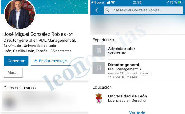 José Miguel González, en LinkedIn; a la derecha, su titulación en Derecho, 