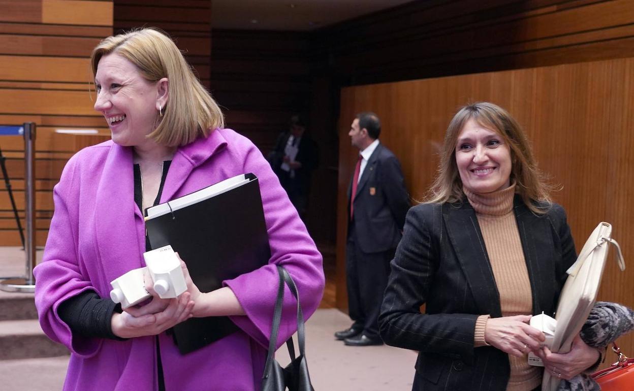 Las consejeras de Familia y Educación, Isabel Blanco y Rocío Lucas, en el Pleno de las Cortes de Castilla y León.