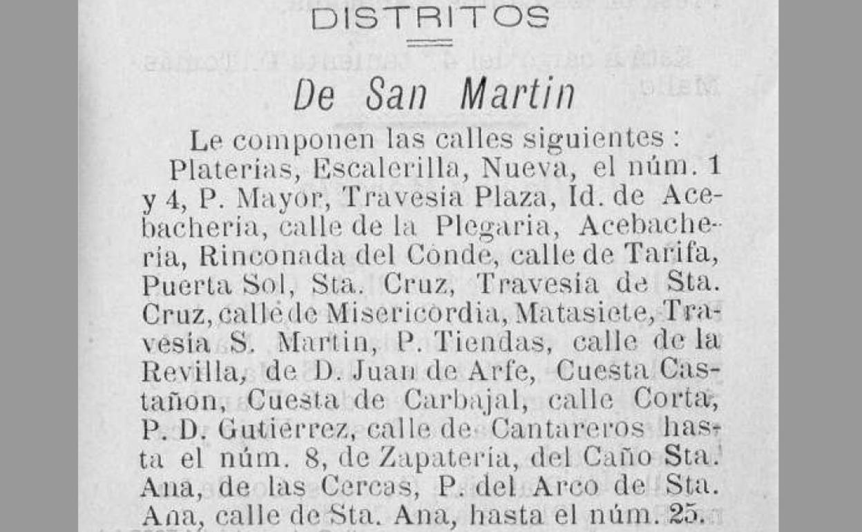 Un extracto del documento de 1885 en el que se recoge las calles que forman los barrios.