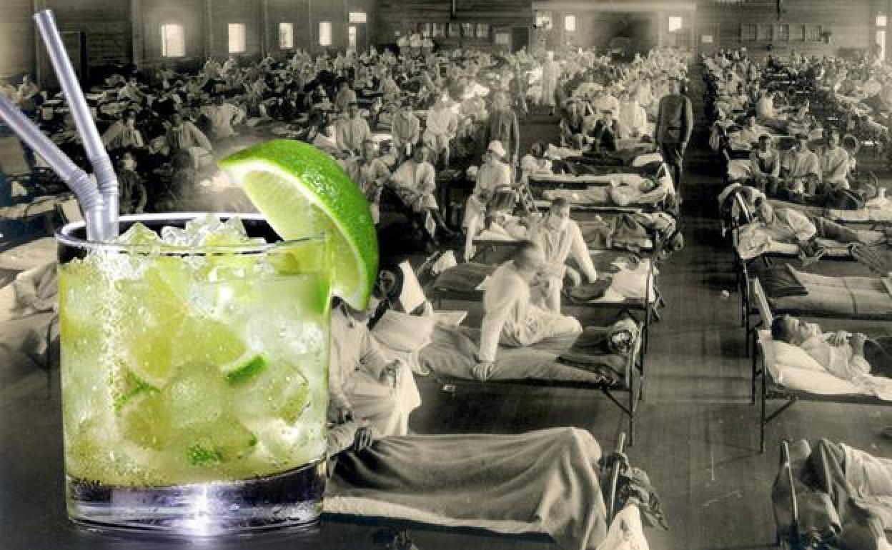 Vaso con caipirinha y hospital para enfermos de gripe en 1918.