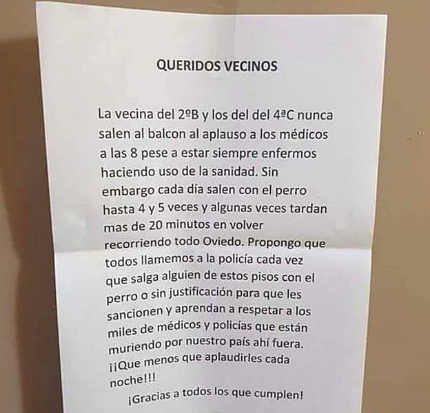 Anónimo aparecido en un portal de Oviedo.