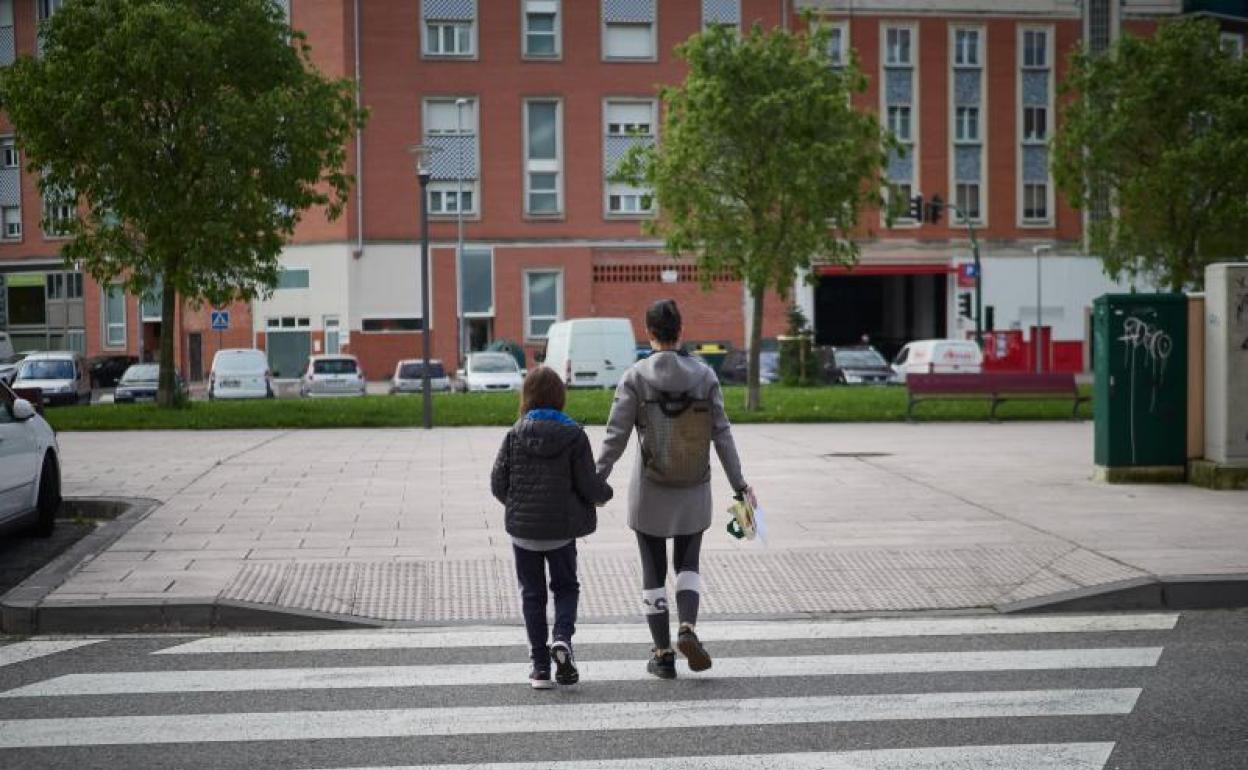 Un niño acompaña a su madre a hacer la compra durante el Estado de Alarma, en Pamplona. 