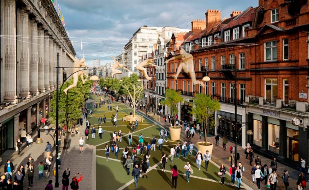 Imagen virtual de Oxford Street, en Londrés, según se plantea el proyecto en la capital inglesa.