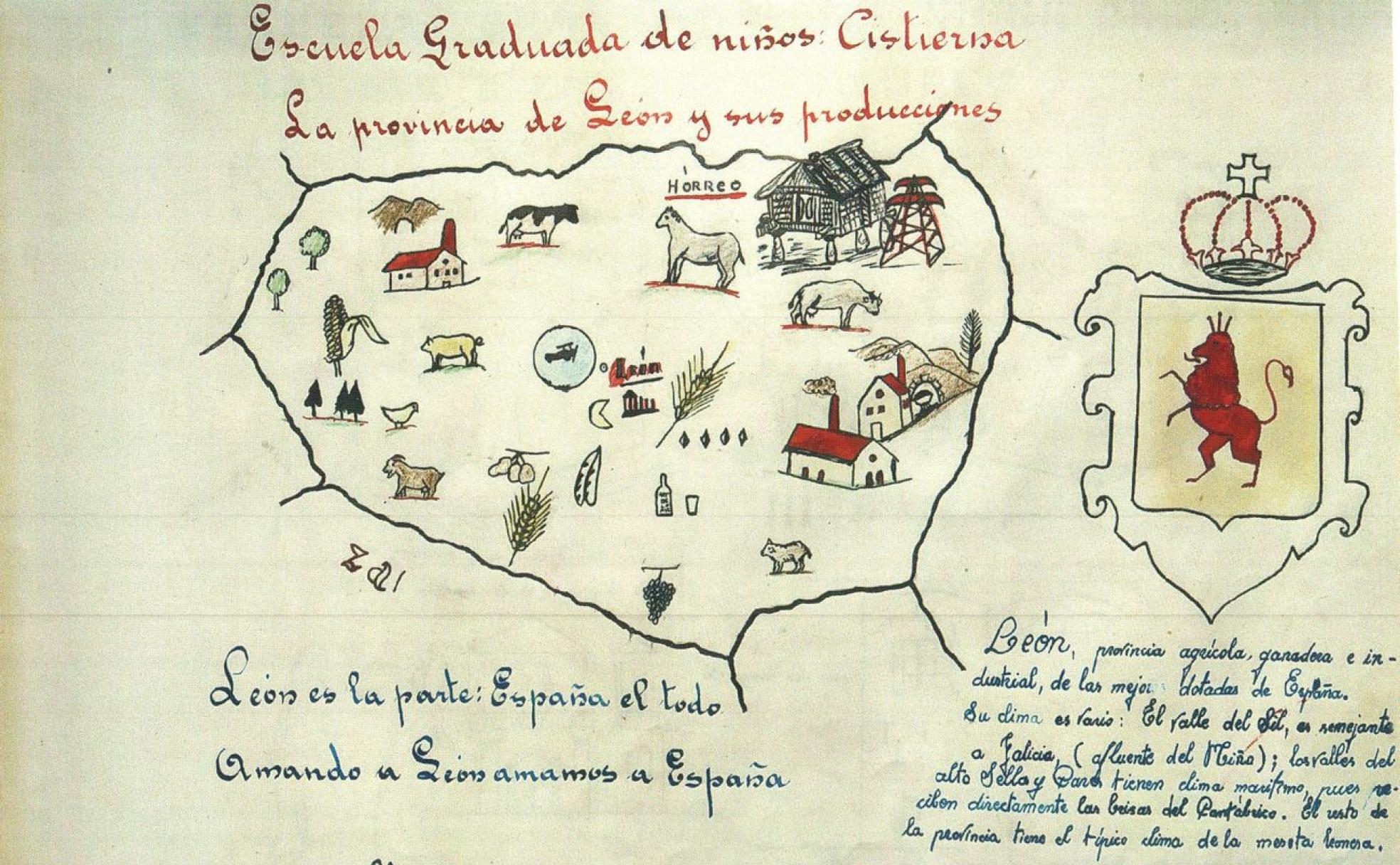 Imagen de una de las páginas del libro elaborado por alumnos de la zona de Riaño en 1940. 