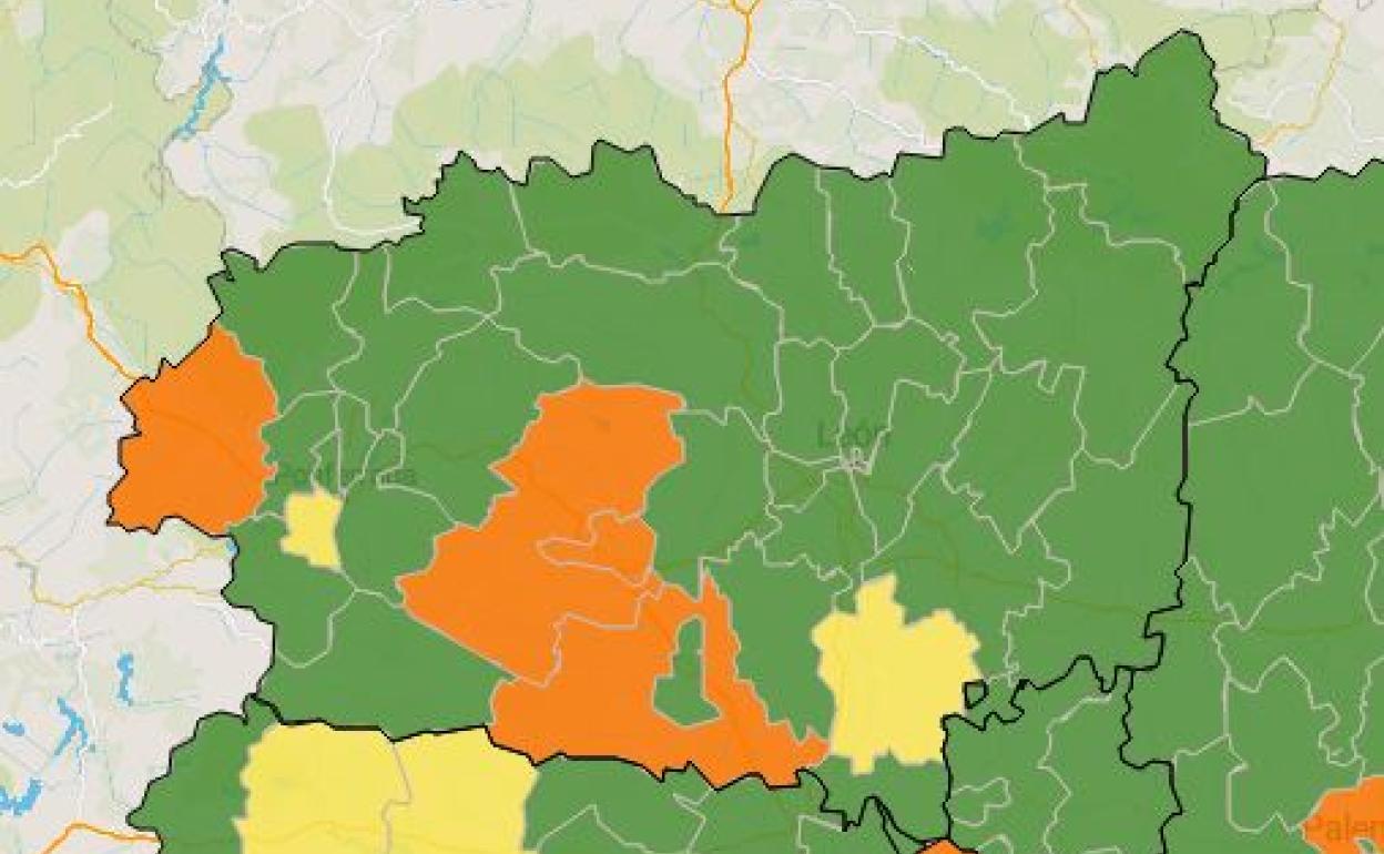 Mapa de incidencia de la covid-19 en la provincia de León este domingo.