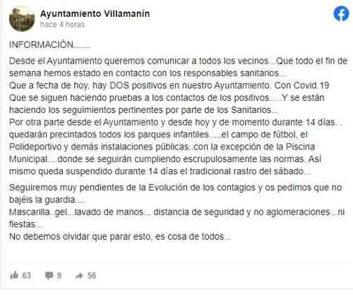 Post en Facebook del Ayuntamiento de Villamanín. 