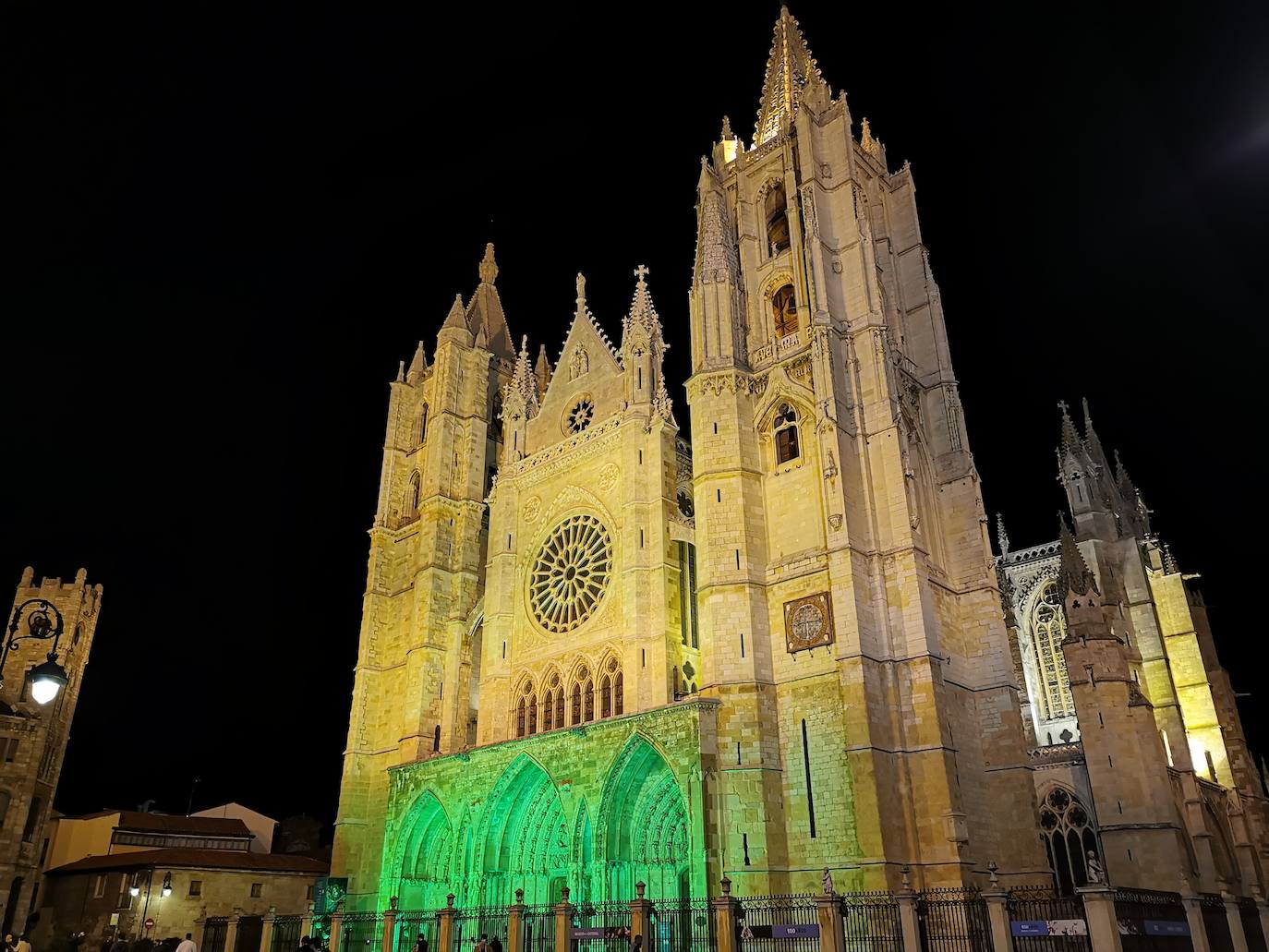 La Catedral, la fuente de Santo Domingo y el ayuntamiento de San Marcelo se iluminan del característico verde de las farmacias para rendir homenaje a sus profesionales en su día mundial.