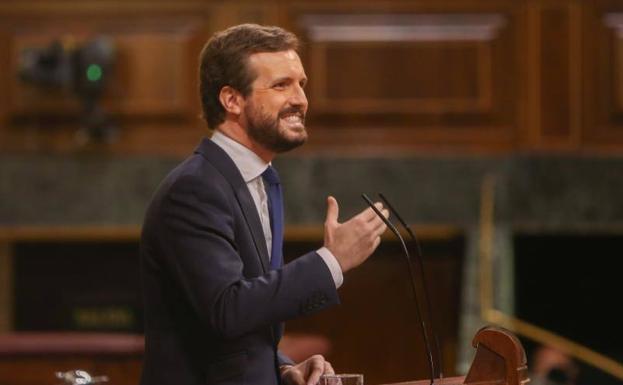 Pablo Casado durante su intervención en el Congreso, este jueves, en el debate sobre la prórroga del estado de alarma.