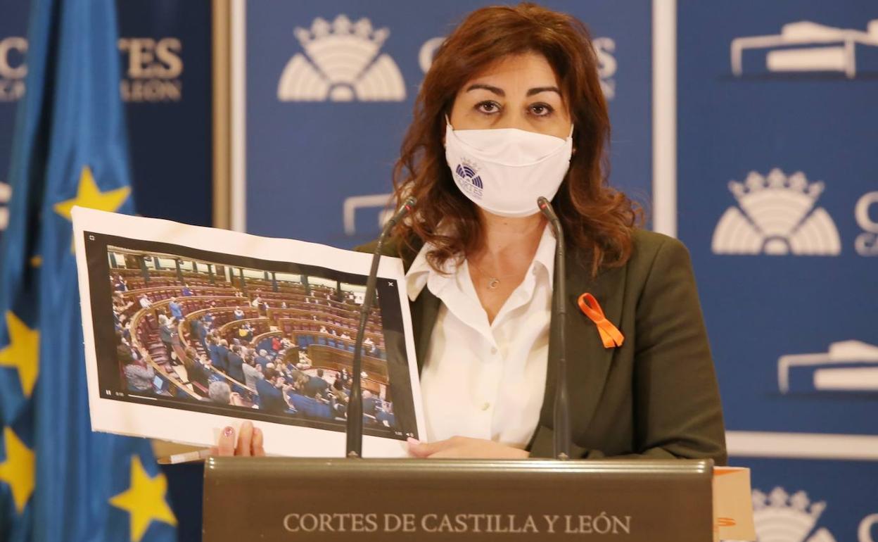 Marta Sanz, portavoz en la Comisión de Educación y procurador de Cs, en la rueda de prensa de este jueves.