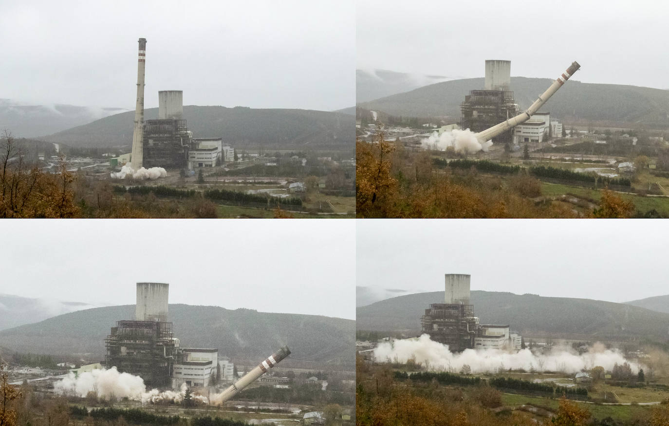 Las imágenes de la voladura de la chimenea tomadas desde el interior de la que fuera central térmica de Anllares del Sil ejemplifican la caída de un sector y su desaparición de una comarca que enriqueció de las manos del carbón. 