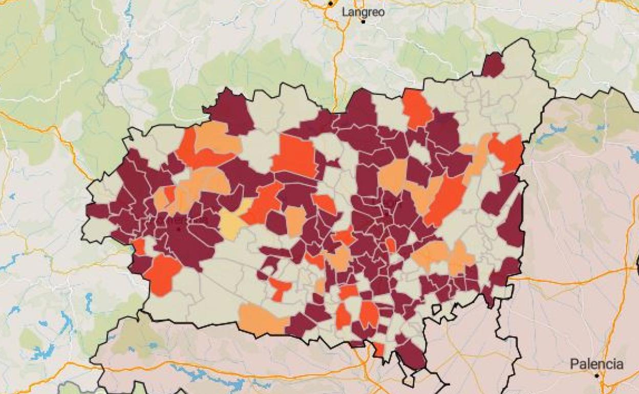 Mapa de la incidencia acumulada en 14 días en la provincia. 