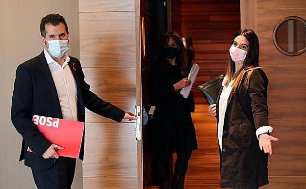 Galería. El portavoz del Grupo Socialista, Luis Tudanca, y la procuradora Nuria Rubio. ante s de comenzar el Pleno.