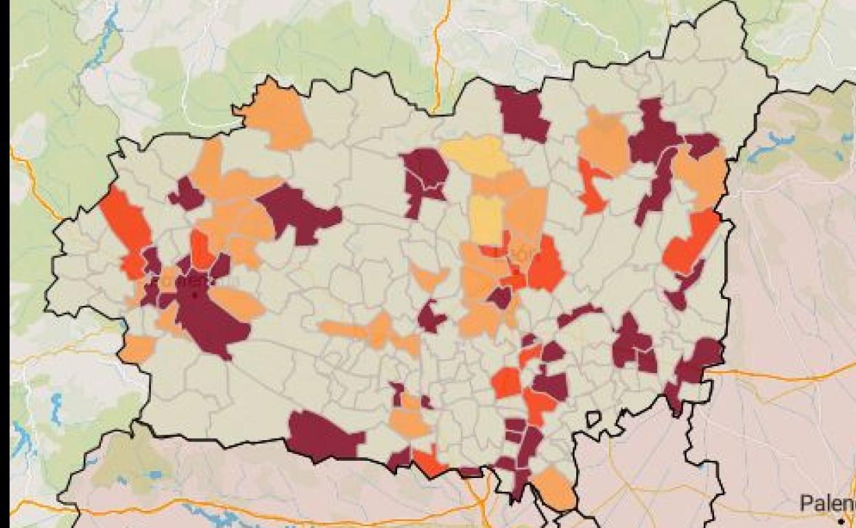 Mapa de la provincia de León en relación a la IA a 14 días. 