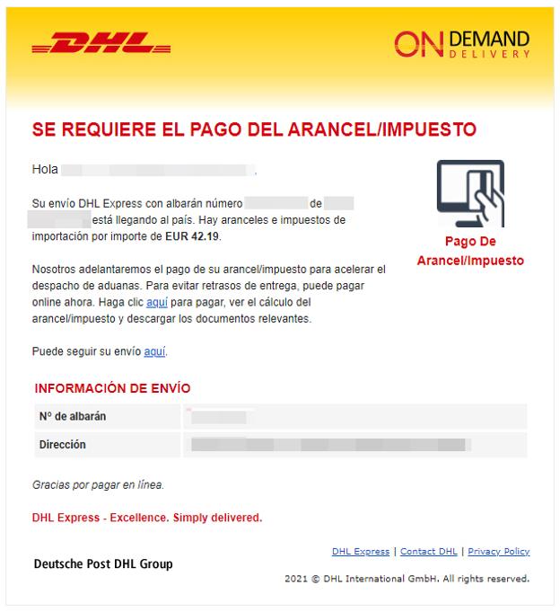 Imagen del email enviado por la empresa de envío a un cliente que compró varios productos en una tienda de Reino Unido desde España.