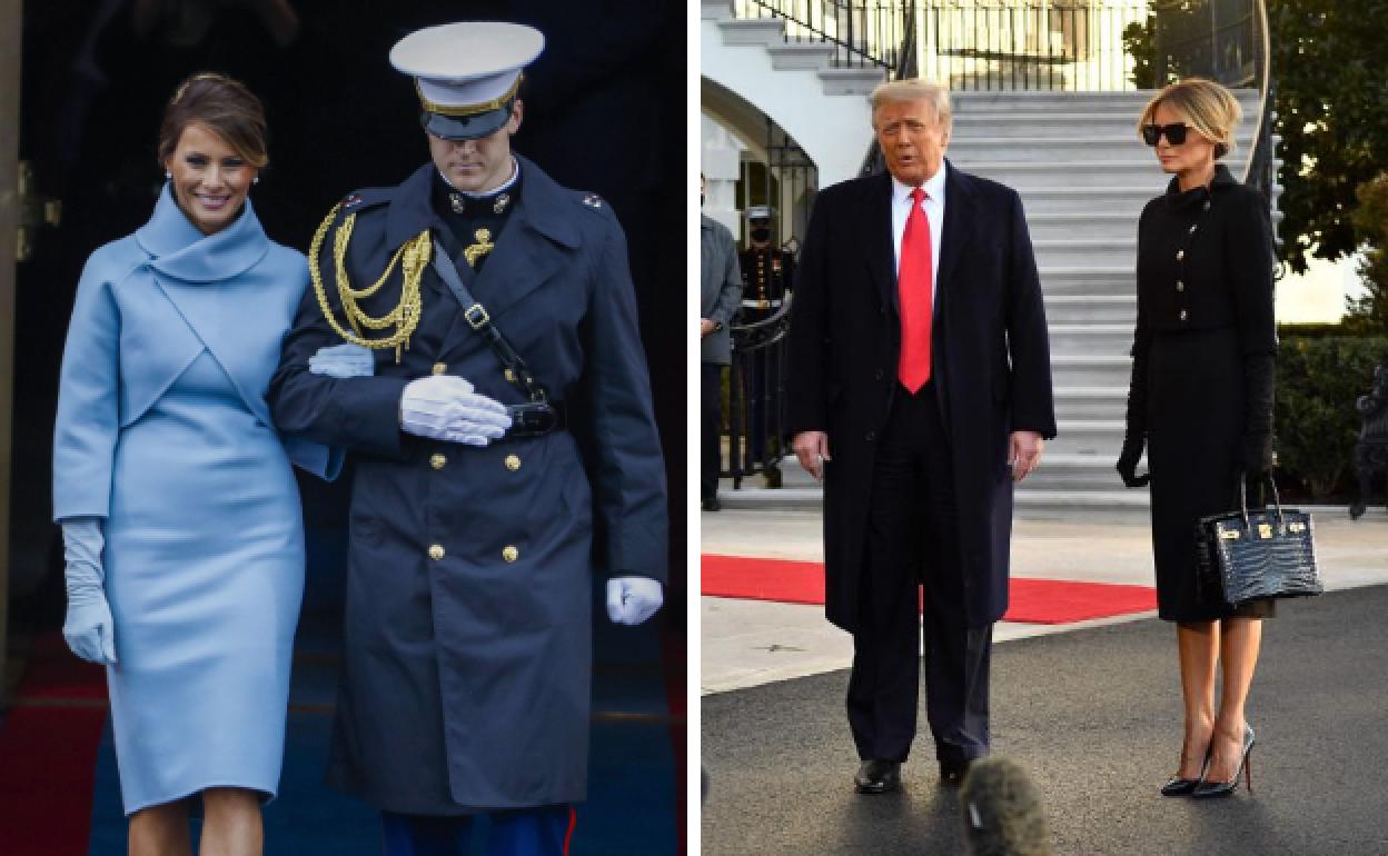 Melania Trump, a la izq., a su llegada a la Casa Blanca y en su despedida. 