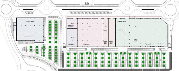 Plano general de los siete grandes bloques que componen el centro comercial. 