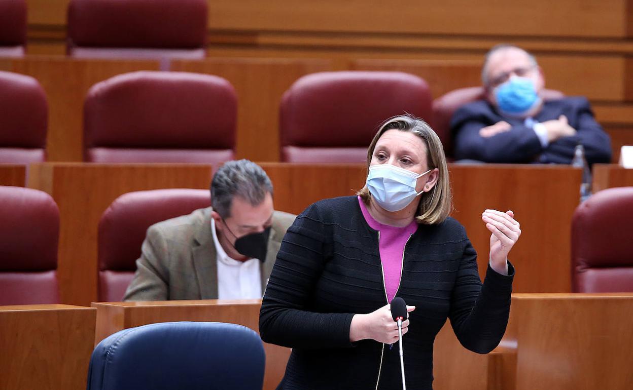 La consejera de Educación, Rocía Lucas, durante su intervención en el pleno celebrado en las Cortes de Castilla y León.