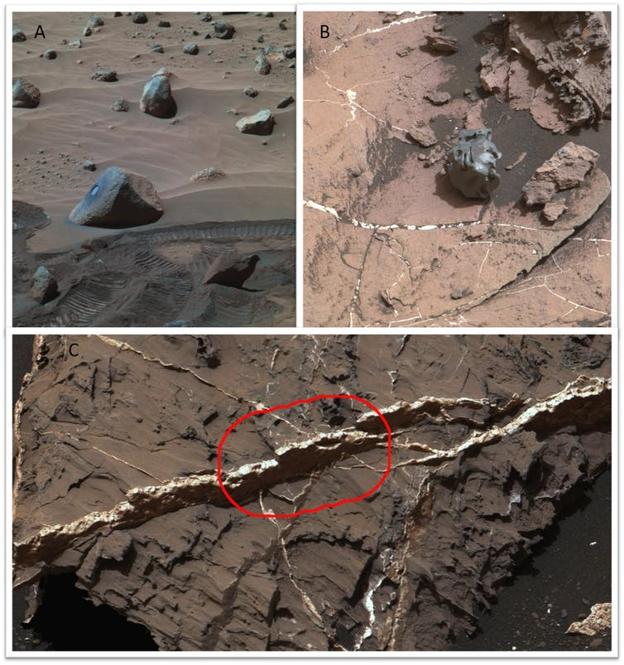 Rocas de fosfato (A), meteoritos de hierro (B) y vetas con sulfatos (C) encontrados en Marte por el rover Curiosity. Todos juntos son ingredientes para el origen de la vida. 