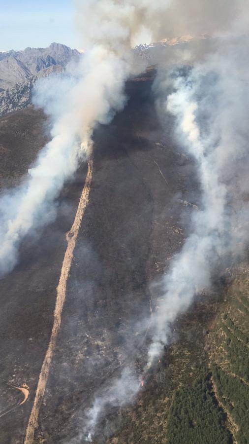 Las llamas, que asolan la ladera del pinar del Pico Muela, han obligado a actuar a medios terrestres y dos helicópteros.