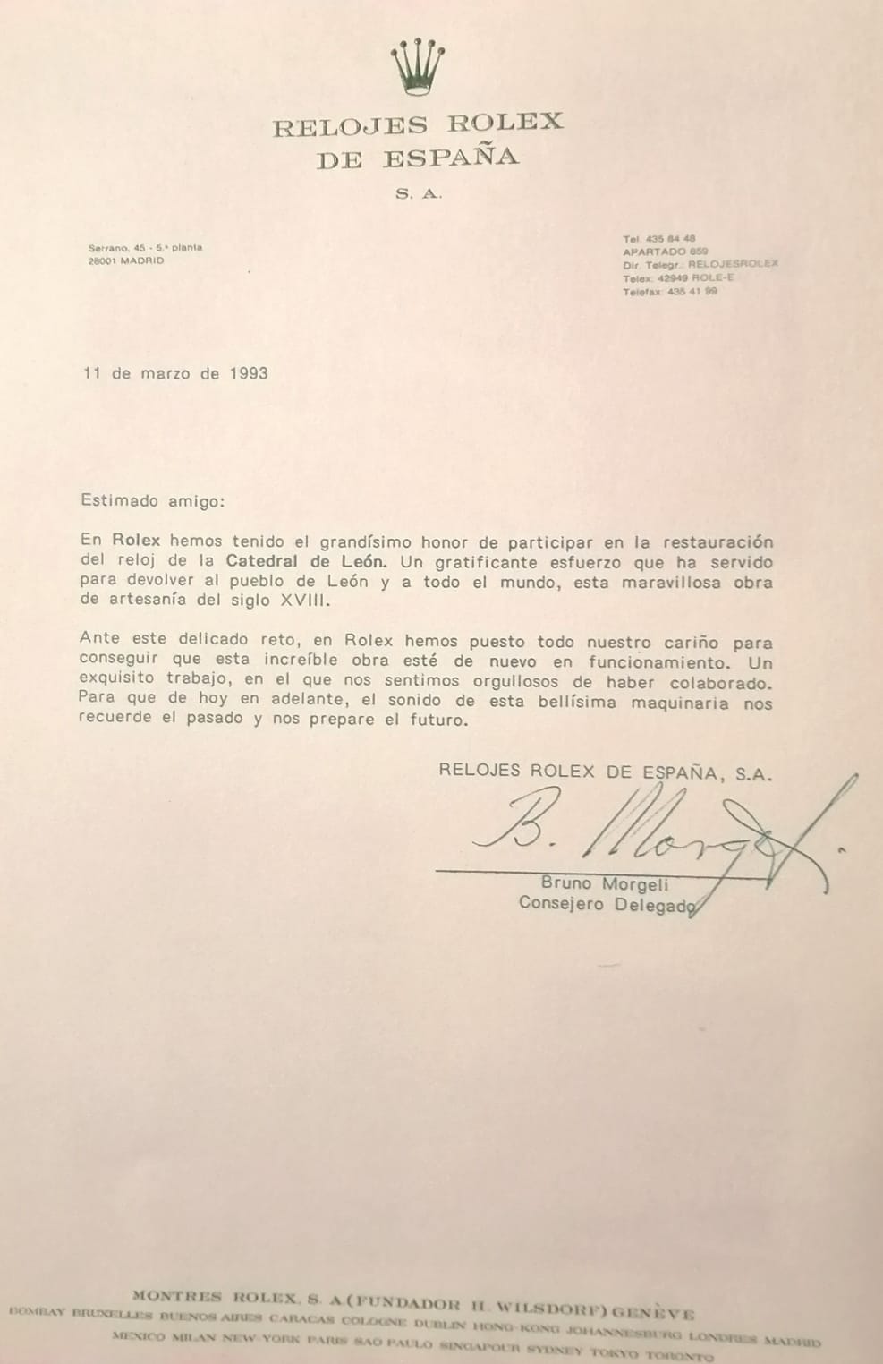 Carta de agradecimiento del consejero delegado de Rolex en España, Bruno Morgeli