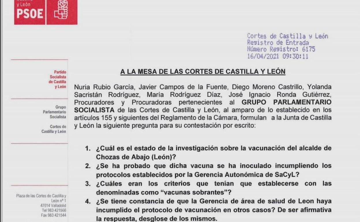 Imagen del documento presentado este viernes por los procuradores socialistas en las Cortes. 