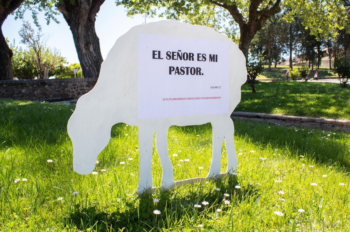 Ocho siluetas conforman el 'rebaño' aparecido este miércoles por las calles de Miróbriga como reivindicación por la ausencia de obispo en la Diócesis Civitatense. 