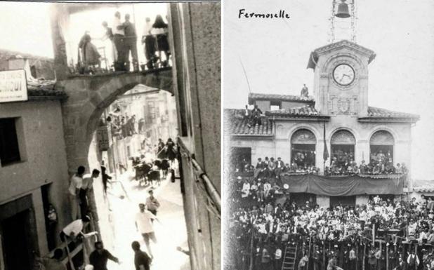 A la izquierda, encierro de antaño. A la derecha, campana torera en la torre del Ayuntamiento durante un festejo taurino de antaño.