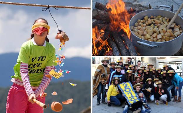 A la izquierda, juego de los pucheros durante la romería en honor de la Virgen de Navaserrada. Arriba, el arrope, uno de los platos tradicionales más celebrados de El Hoyo de Pinares, y fiesta de los quintos de 2014.