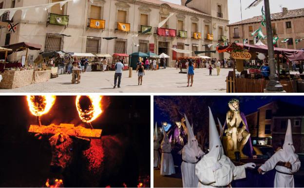 Arriba, mercado medieval. Debajo, Toro Jubilo y procesión del Jueves Santo.