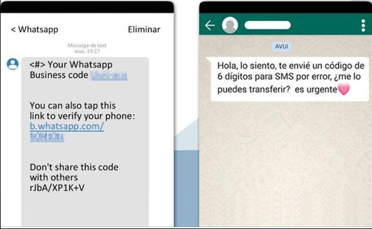 Imagen simulada de los mensajes que inciden al robo de las cuentas de Whatsapp.