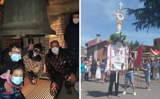 Un grupo de pequeños y mayores en el campanario de la iglesia de San Miguel, participando en el rito del Toque a Tente Nube. Al lado, procesión del Corpus Christi, con el ramo-custodia en primer término y el palio detrás.