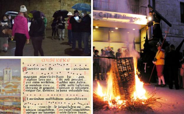 A la derecha procesión de las Hogueras del Jueves Santo. A la derecha, canto de las marzas en Pinillos de Esgueva y parte de la letra del recuperado Miserere.