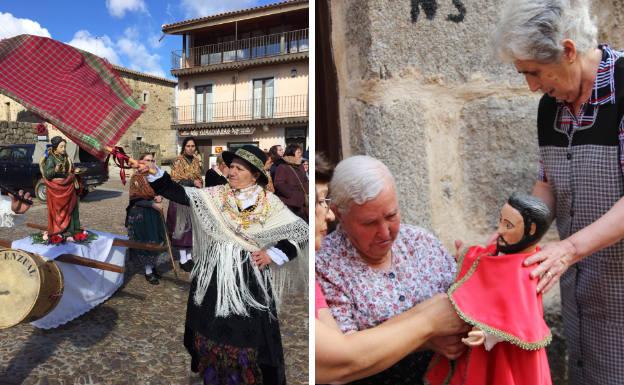 Baile de la bandera y dos mujeres cambiando las ropas a la talla de San Ginés, que se encuentra en el arco de la muralla del mismo nombre.