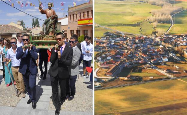 Los quintos portan las andas de San Bartolomé y vista aérea del pueblo.