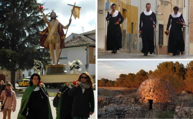 A la izquierda, procesión del Domingo de Resurrección. Al lado, recogida de cargos de la cofradía de la Vera Cruz el Jueves Santo y chozo de pastor.